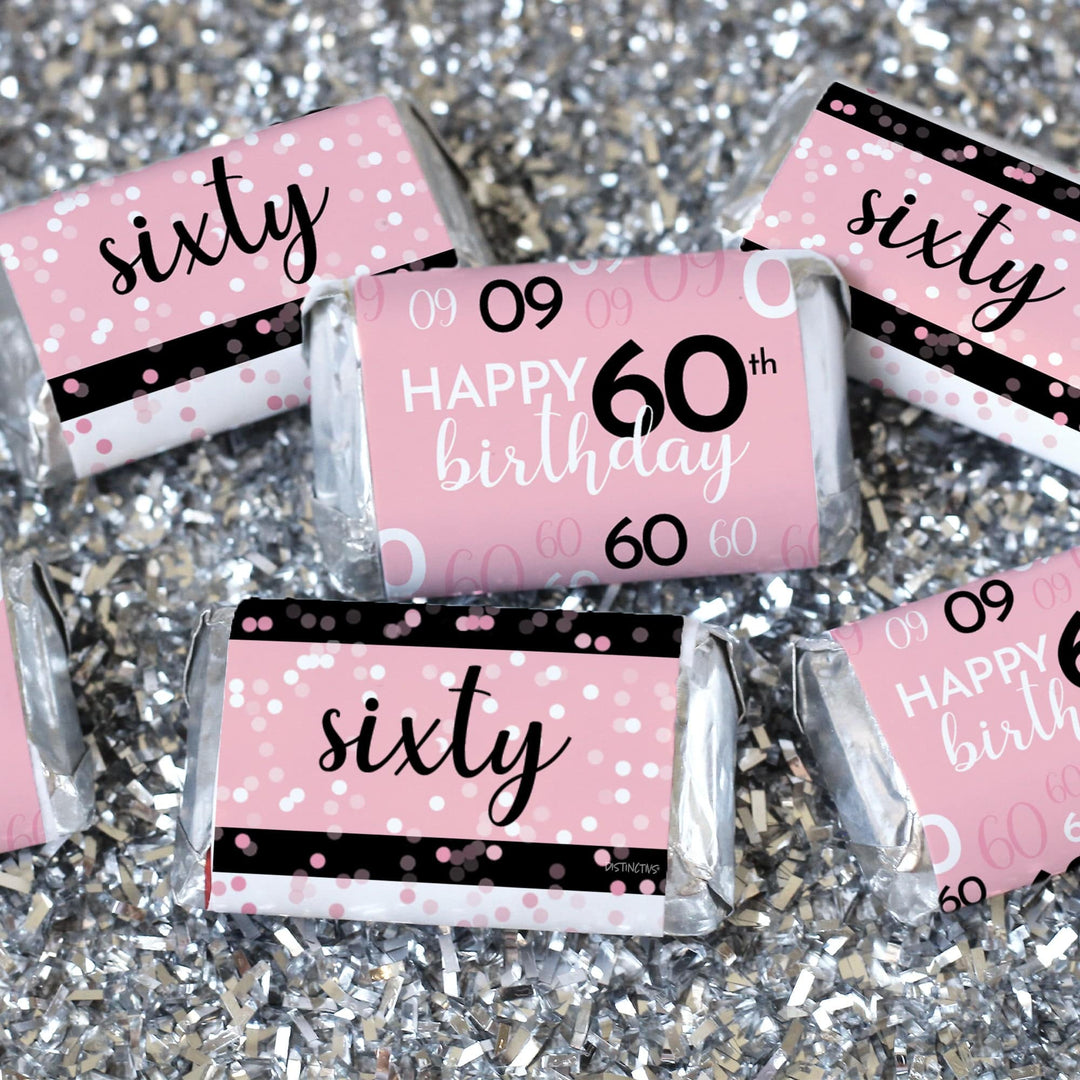 60th Birthday: Pink and Black - Adult Birthday -  Hershey's Miniatures Candy Bar Wrappers Stickers - 45 Stickers - Distinctivs Party