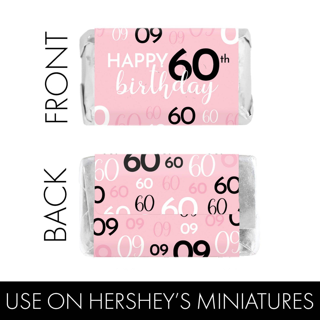 60th Birthday: Pink and Black - Adult Birthday -  Hershey's Miniatures Candy Bar Wrappers Stickers - 45 Stickers - Distinctivs Party