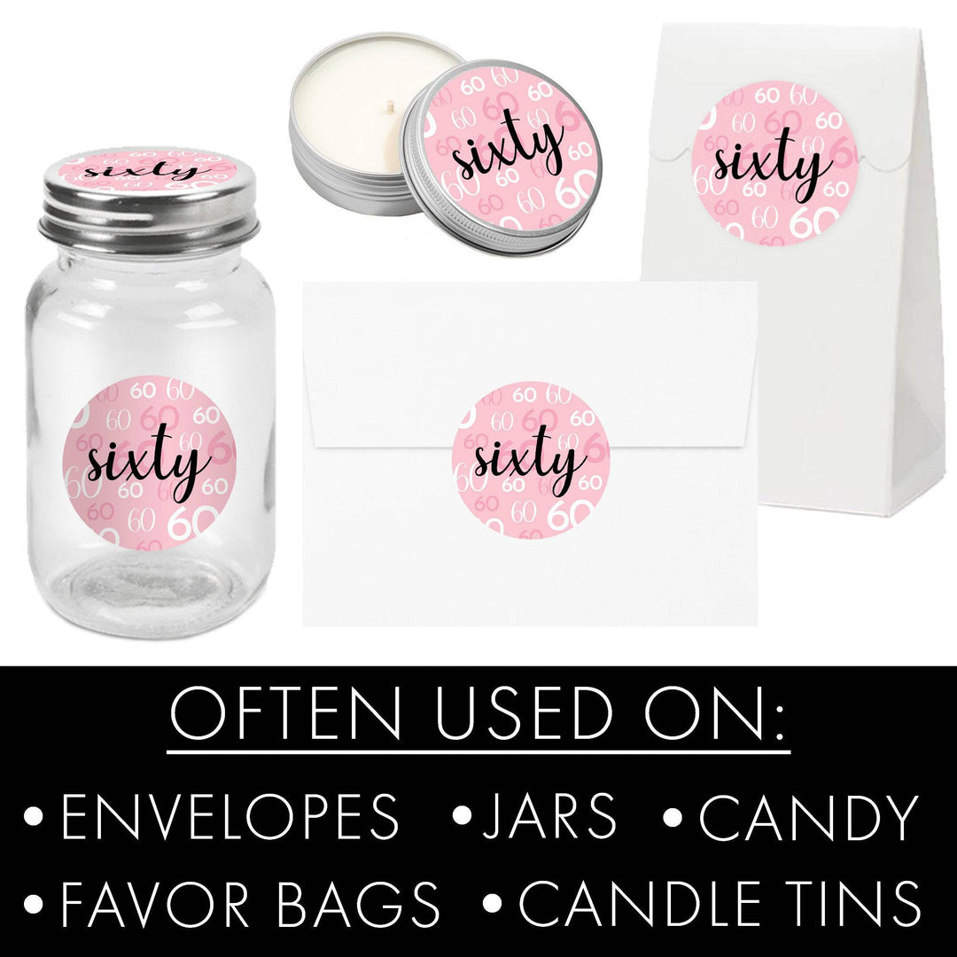 60th Birthday: Pink and Black - Adult Birthday - Round Favor Stickers - 40 Stickers - Distinctivs Party