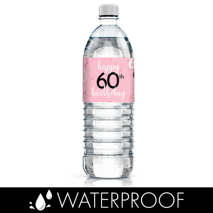 60th Birthday: Pink and Gold - Adult Birthday -  Water Bottle Label Stickers - 24 Waterproof Stickers - Distinctivs Party