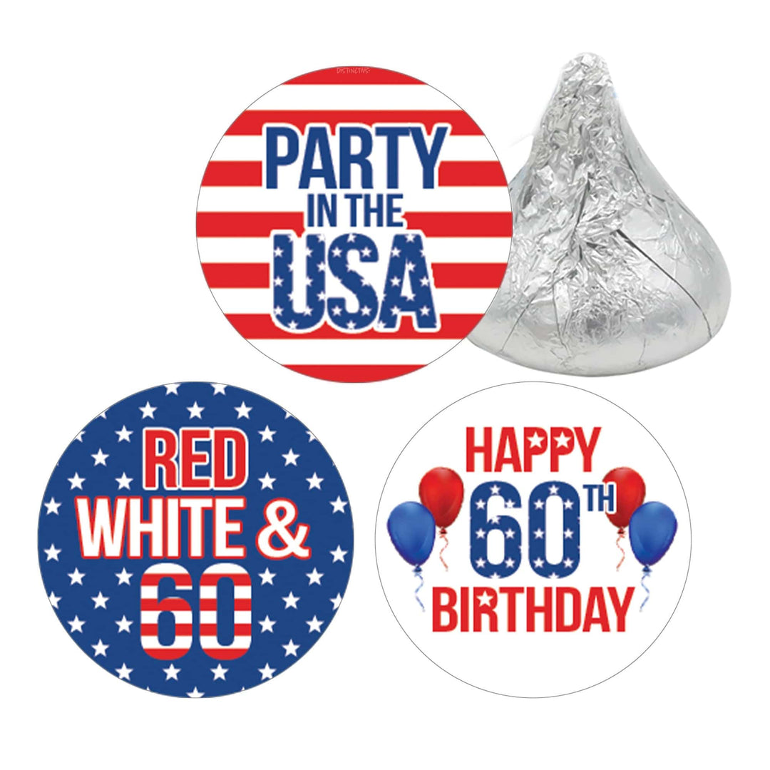 60th Birthday: Red White & Blue - Favor Stickers Fits on Hershey's Kisses - 180 Stickers