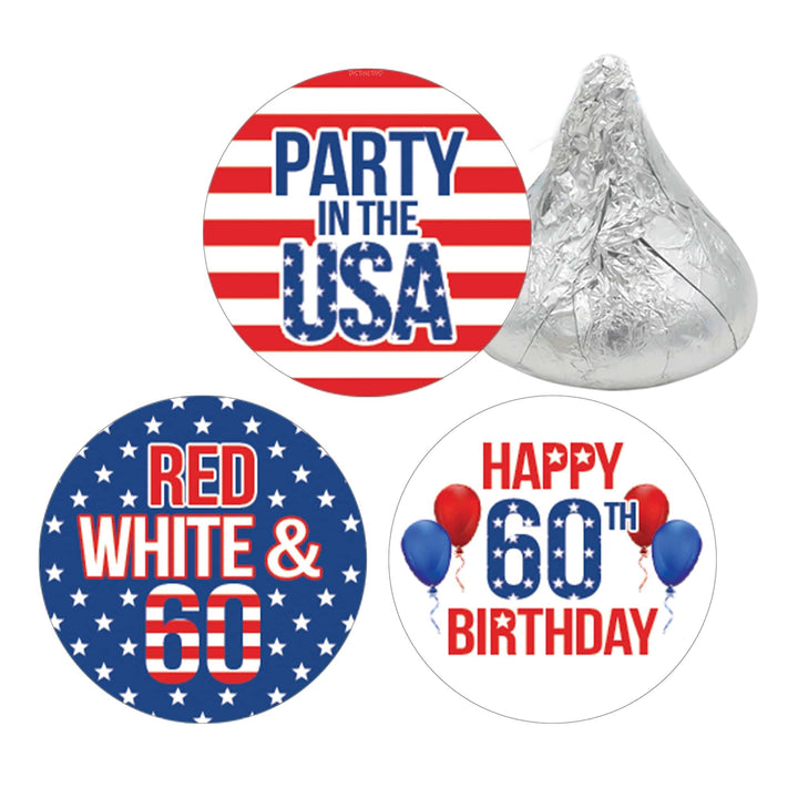 60th Birthday: Red White & Blue - Favor Stickers Fits on Hershey's Kisses - 180 Stickers