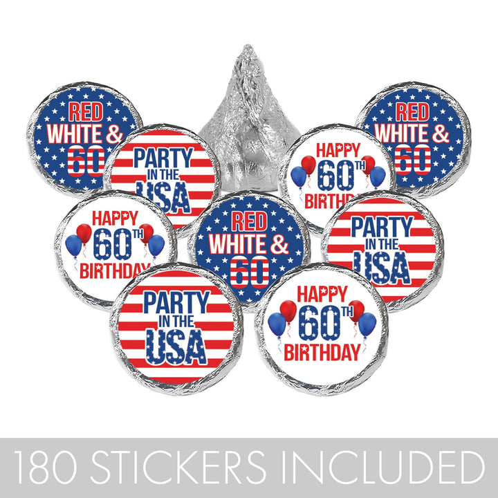 60th Birthday: Red White & Blue - Favor Stickers Fits on Hershey's Kisses - 180 Stickers