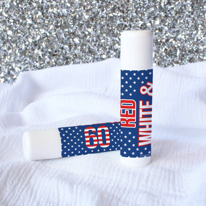 60th Birthday: Red White & Blue -  Lip Balm Labels - 36 Stickers