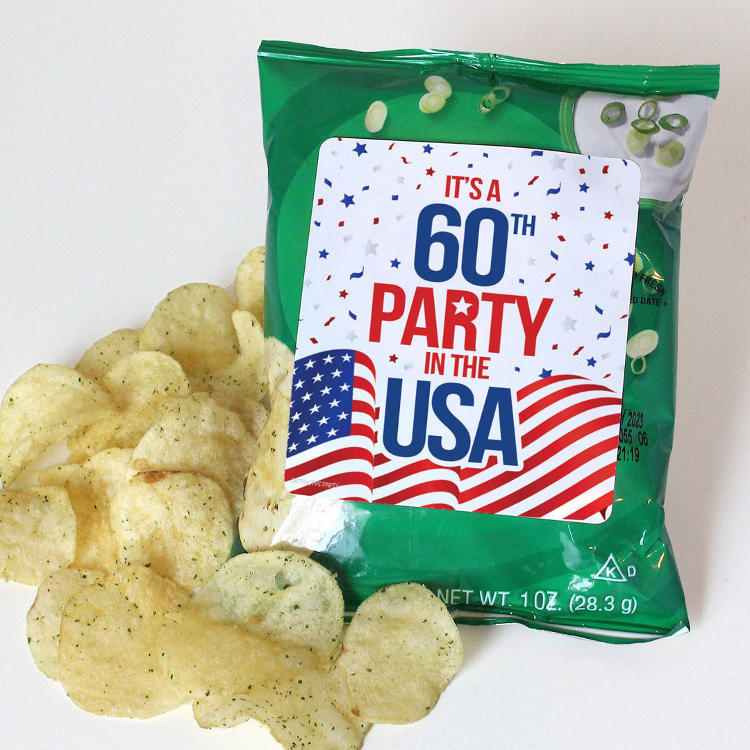 60th Birthday: Red White & Blue - Popcorn, Chip Bag, and Snack Bag Stickers - 32 Stickers