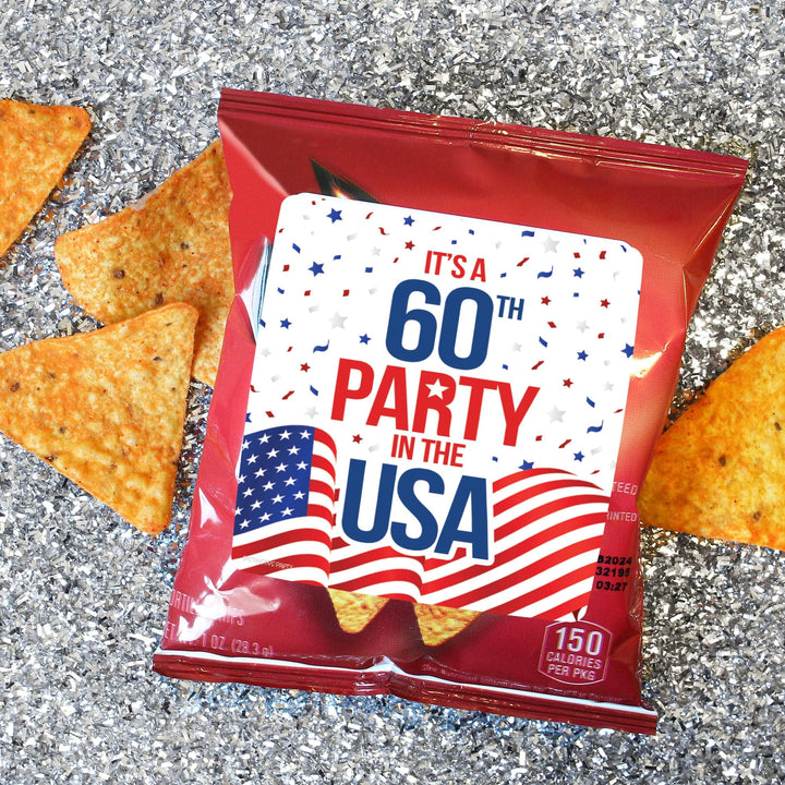 60th Birthday: Red White & Blue - Popcorn, Chip Bag, and Snack Bag Stickers - 32 Stickers