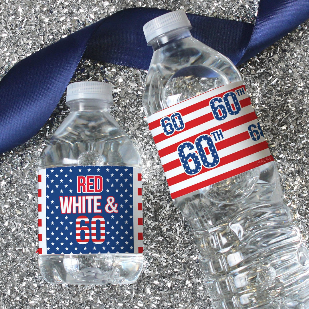 60th Birthday: Red White & Blue - Water Bottle Labels - 24 Waterproof Stickers