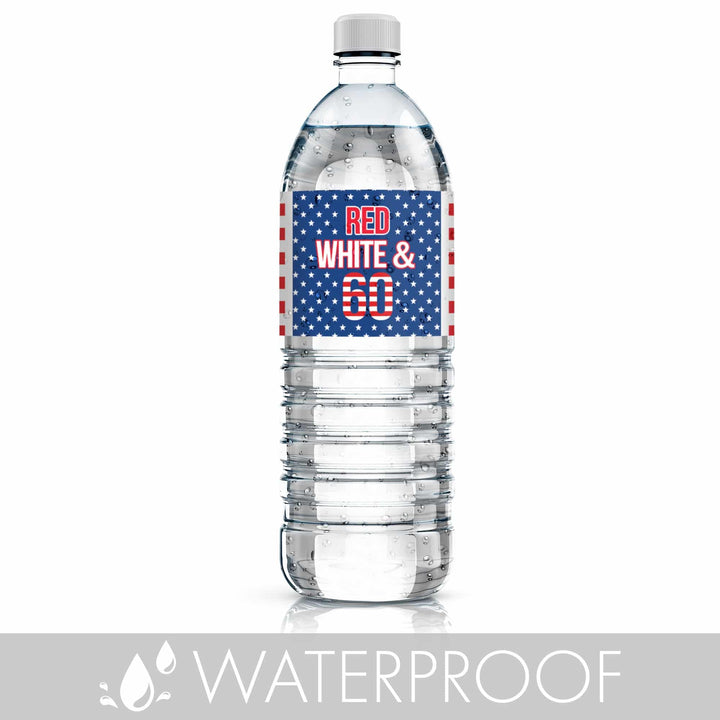 60th Birthday: Red White & Blue - Water Bottle Labels - 24 Waterproof Stickers