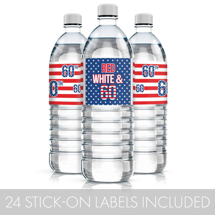 60th Birthday: Red White & Blue - Water Bottle Labels - 24 Waterproof Stickers