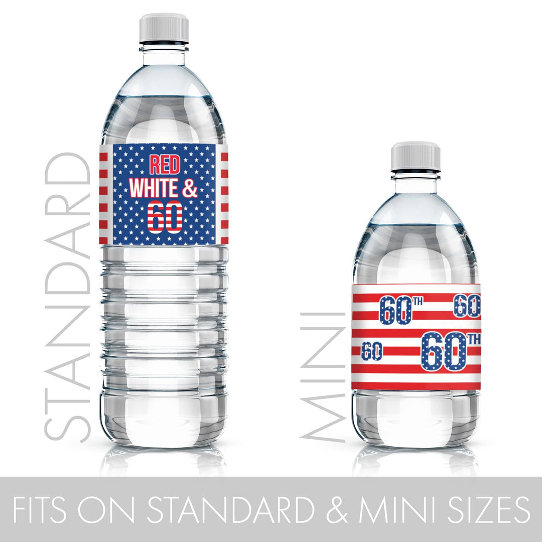 60th Birthday: Red White & Blue - Water Bottle Labels - 24 Waterproof Stickers