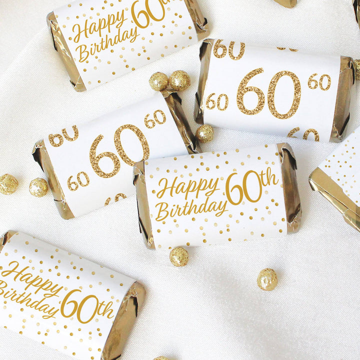 60th Birthday: White and Gold - Adult Birthday -  Hershey's Miniatures Candy Bar Wrappers Stickers - 45 Stickers - Distinctivs Party