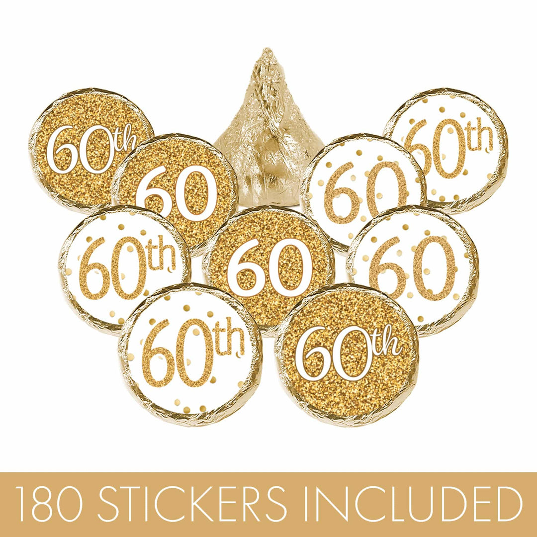 60th Birthday: White and Gold - Adult Birthday -   Party Favor Stickers - Fits on Hershey's Kisses - 180 Stickers - Distinctivs Party