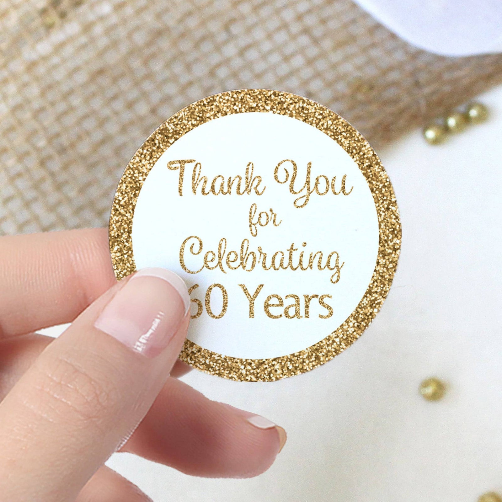 60th Birthday: White and Gold - Adult Birthday -  Thank You - Round Favor Stickers - 40 Stickers - Distinctivs Party