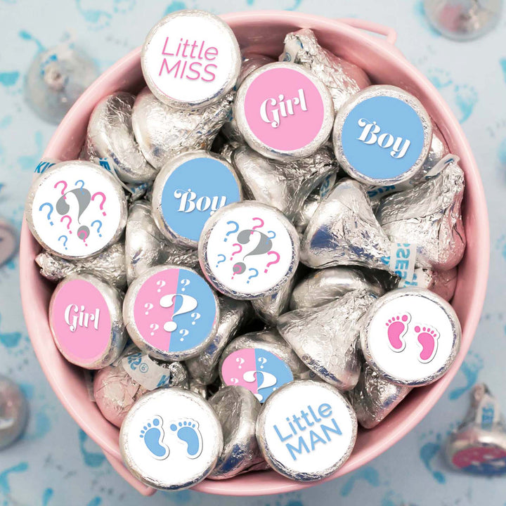 Gender Reveal Party: Little Man or Little Miss - Favor Stickers - Fit on Hershey® Kisses - 180 Stickers