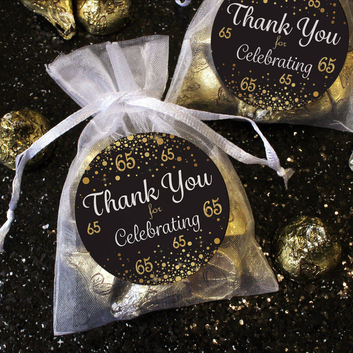 65th Birthday: Black & Gold - Adult Birthday - Thank You Stickers - 40 Stickers - Distinctivs Party