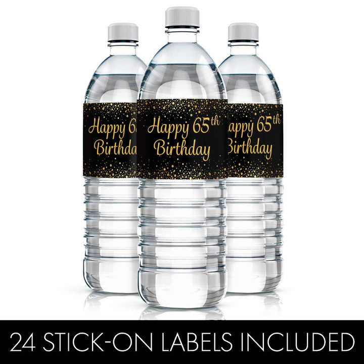 65th Birthday: Black & Gold - Adult Birthday -  Water Bottle Labels - 24 Stickers - Distinctivs Party