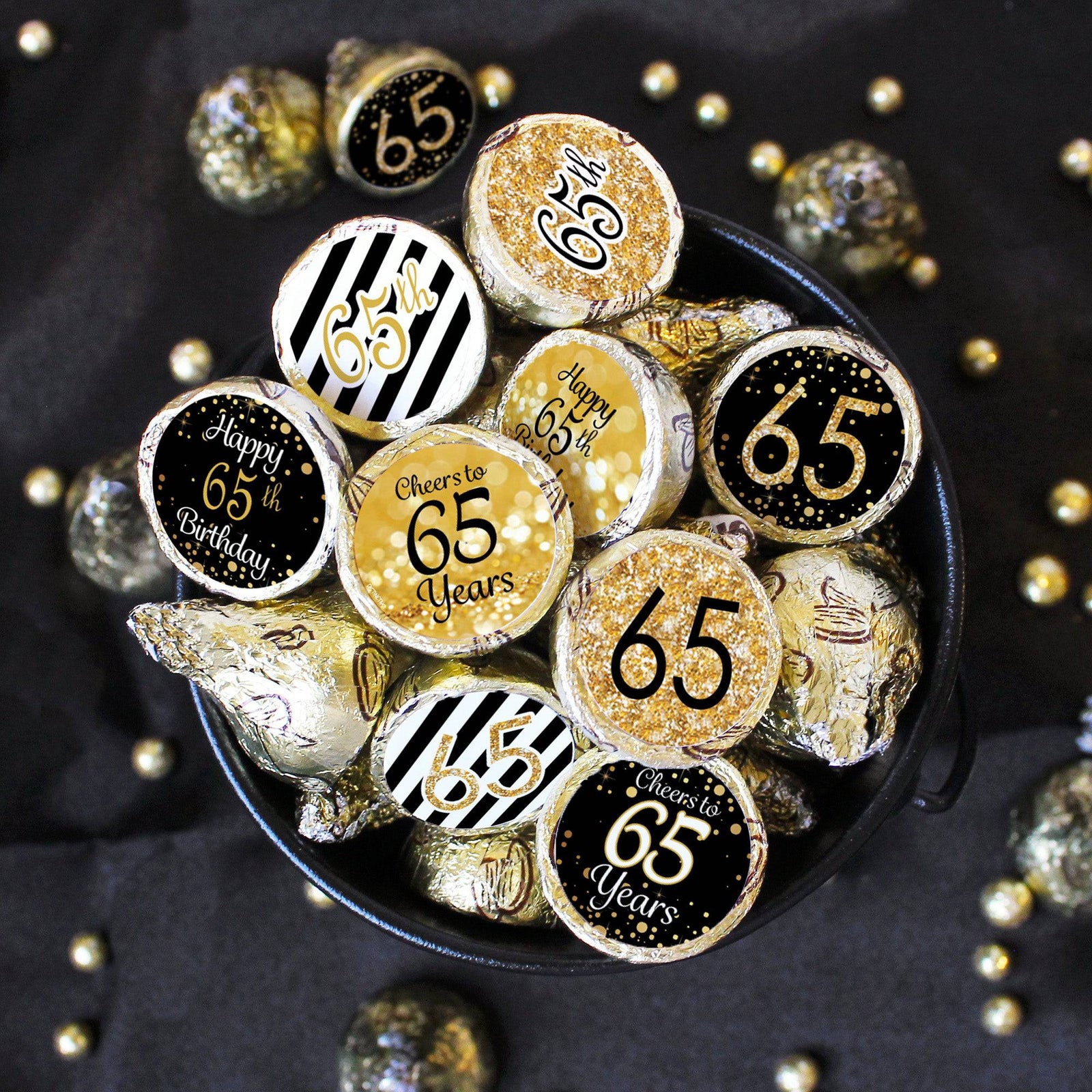 65th Birthday: Black & Gold - Fits on Hershey's Kisses - 180 Stickers - Distinctivs Party