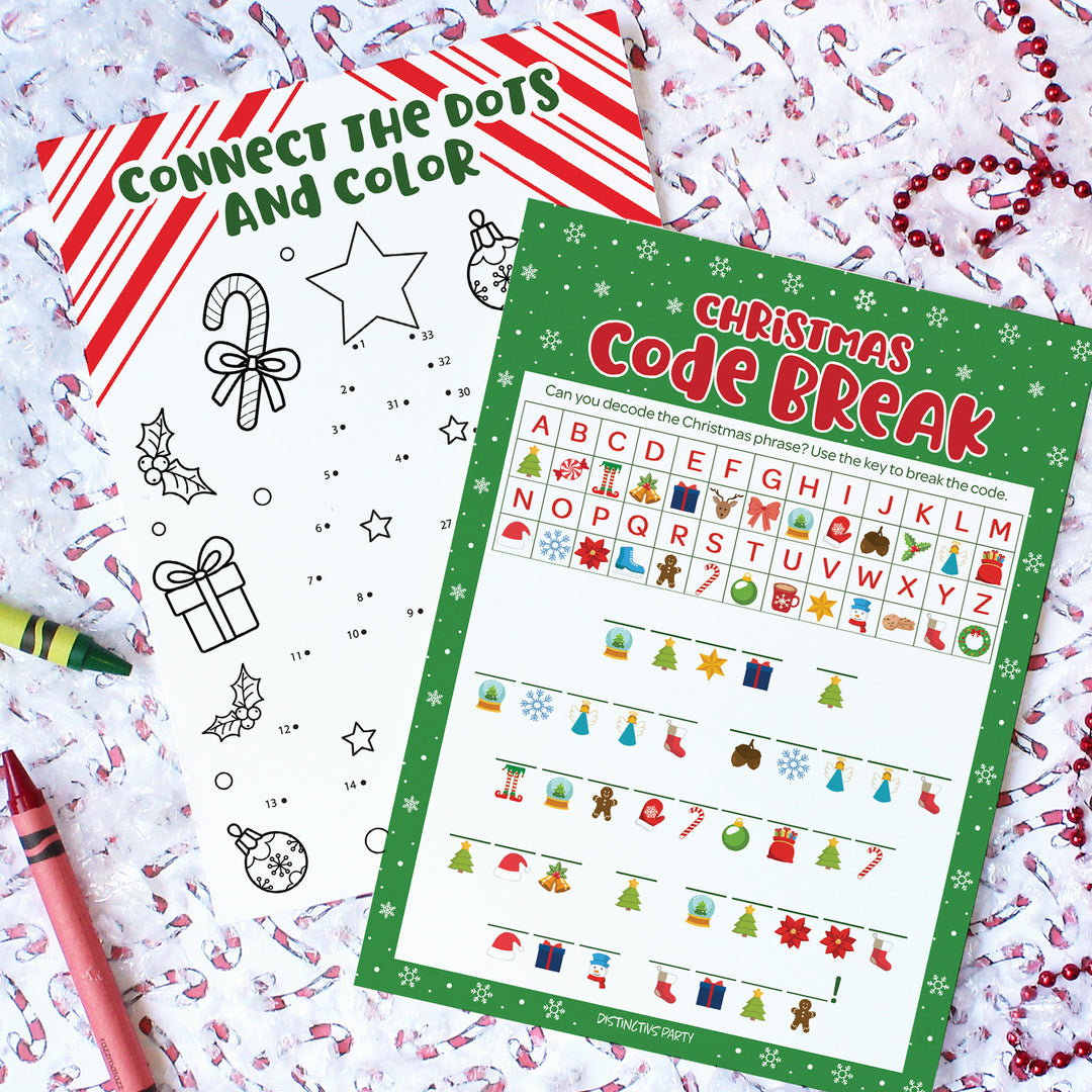 Christmas Cheer: Christmas Party Game Bundle- Word Search, Picture Hunt, Code Break & Connect the Dots - 4 Games for 25 Kids