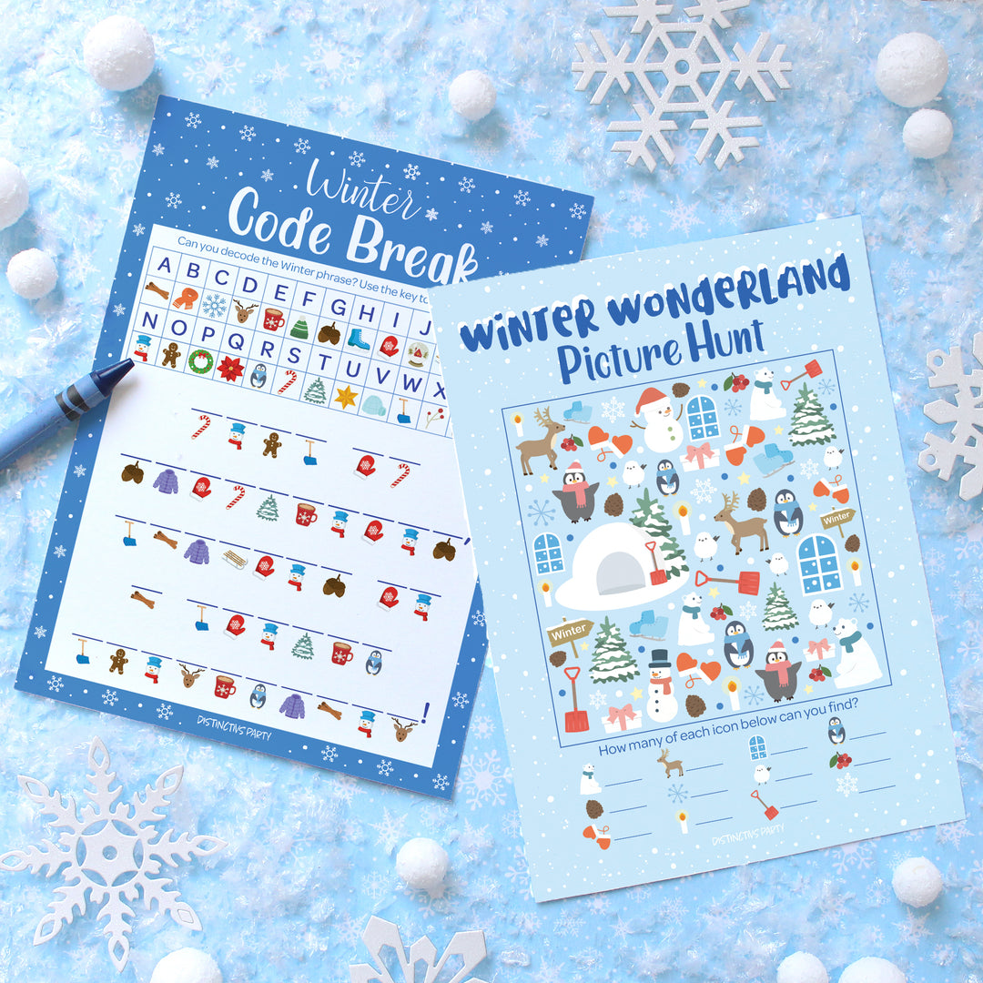 Winter Games: Blue Snowflakes - Picture Hunt, Code Break, Connect Dots, Maze - 4 Game Bundle for 25 Kids