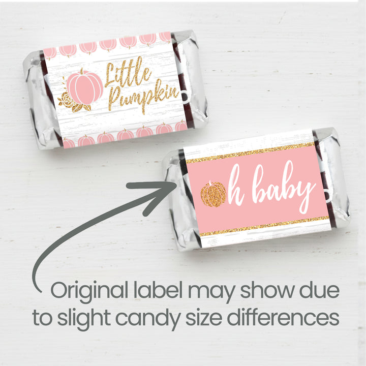 Little Pumpkin: Rosa y Dorado - Baby Shower - Mini Envoltorios para Barra de Dulces - Otoño, Niña - 45 Pegatinas