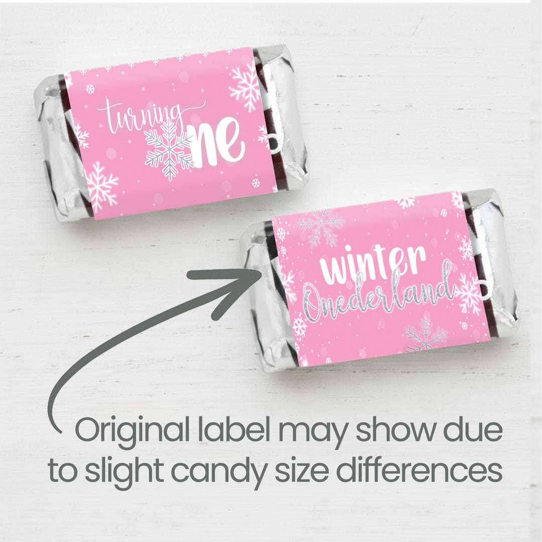 Onederland Snowflake: Pink - Primer cumpleaños de invierno - Envoltorios para barra de dulces en miniatura de Hershey's - 45 pegatinas
