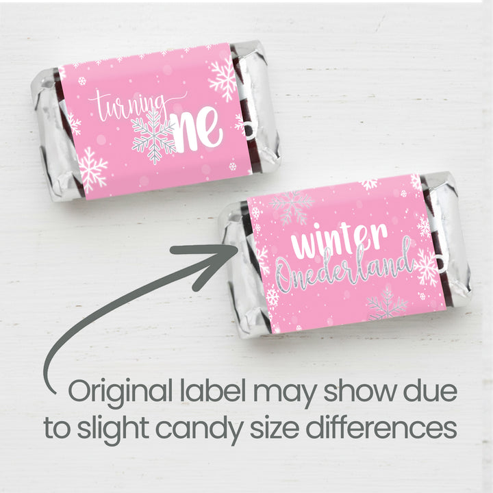 Onederland Snowflake: Pink - Primer cumpleaños de invierno - Envoltorios para barra de dulces en miniatura de Hershey's - 45 pegatinas