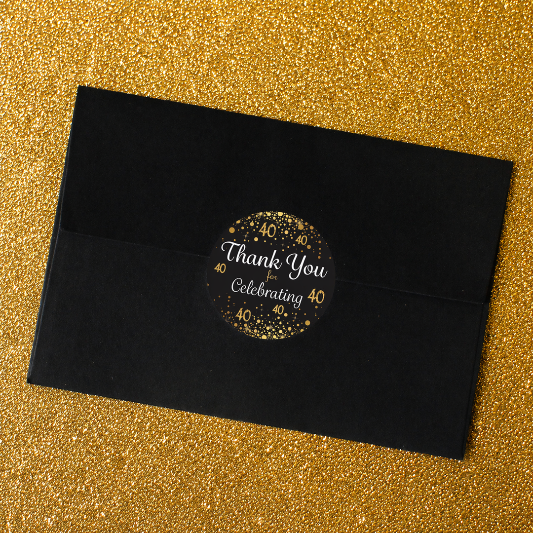 40th Birthday: Black & Gold - Adult Birthday -  Thank You Stickers - 40 Stickers