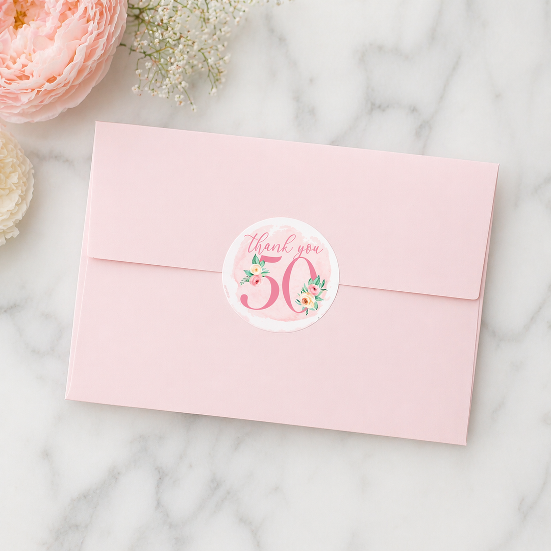 50th Birthday: Floral - Circle Label Thank You Stickers - 40 Stickers
