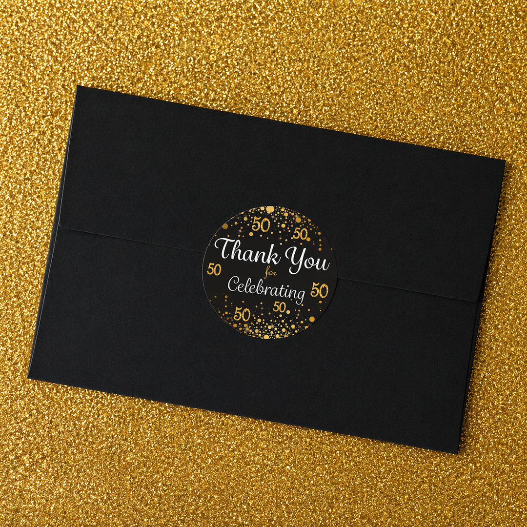 50th Birthday: Black & Gold - Adult Birthday -  Thank You Stickers - 40 Stickers