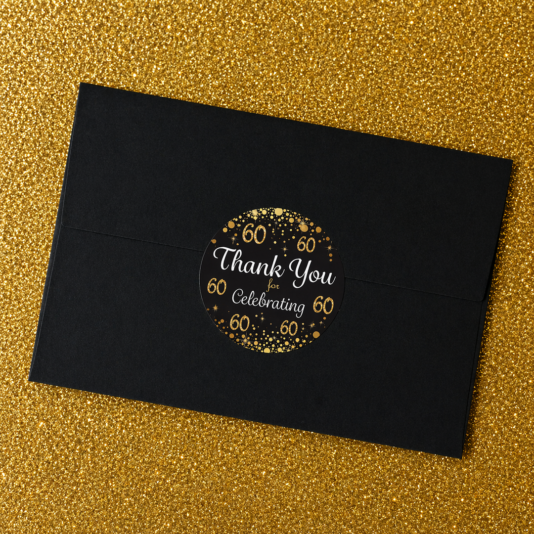 60th Birthday: Black & Gold - Adult Birthday - Thank You Stickers - 40 Stickers