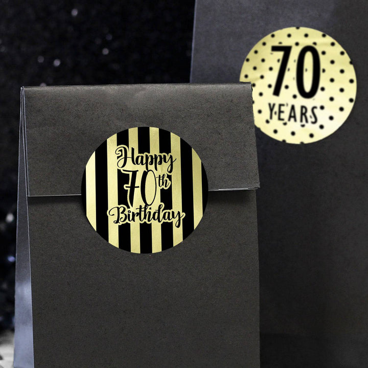 70th Birthday: Black and Gold Shiny Foil - Adult Birthday - Round Favor Stickers - 40 Stickers - Distinctivs Party