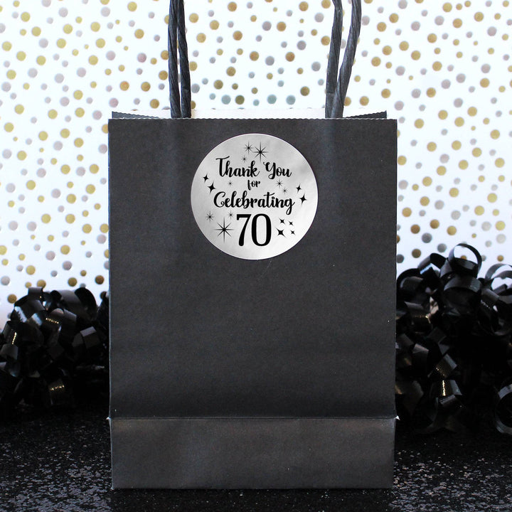 70th Birthday: Black and Silver Shiny Foil - Adult Birthday - Round Favor Stickers - 40 Stickers - Distinctivs Party