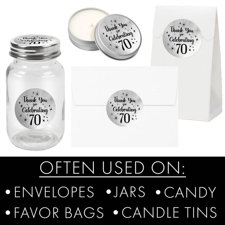 70th Birthday: Black and Silver Shiny Foil - Adult Birthday - Round Favor Stickers - 40 Stickers - Distinctivs Party