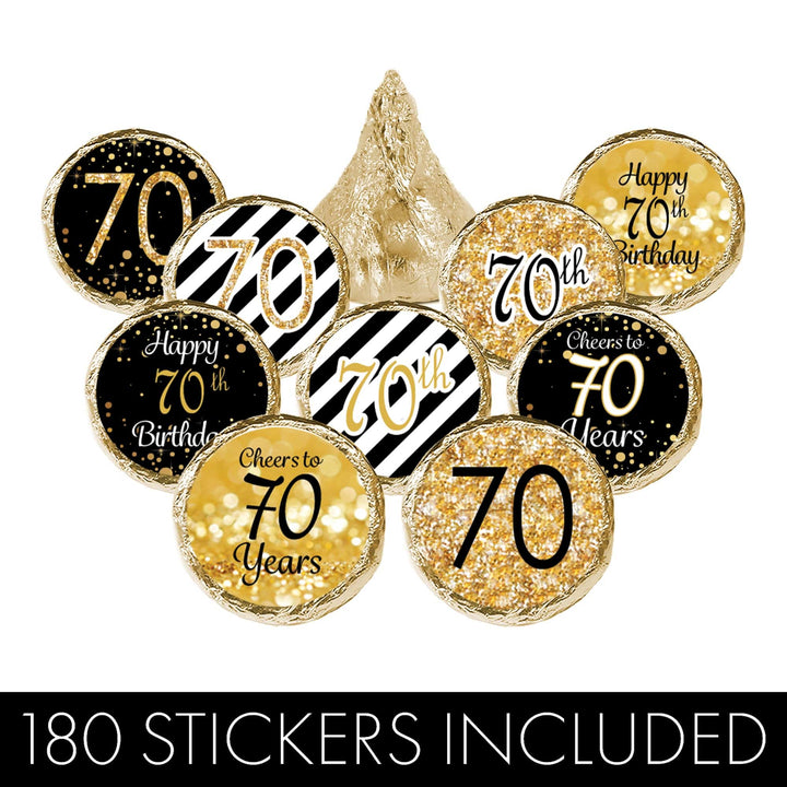 70th Birthday: Black & Gold - Fits on Hershey's Kisses - 180 Stickers - Distinctivs Party