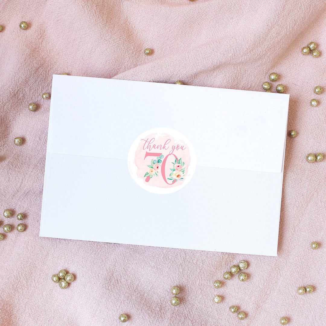 70th Birthday: Floral - Circle Label Thank You Stickers - 40 Stickers