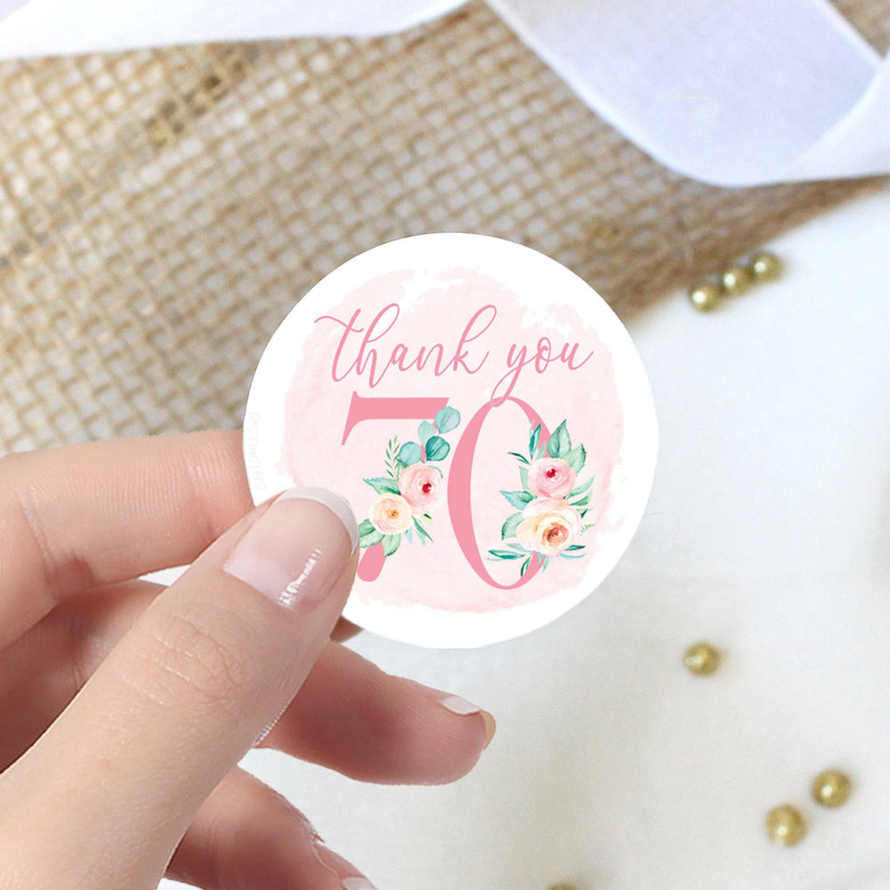 70th Birthday: Floral - Circle Label Thank You Stickers - 40 Stickers - Distinctivs Party