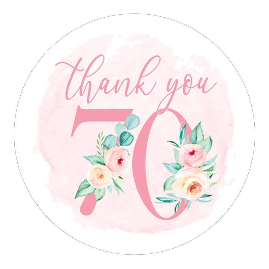 70th Birthday: Floral - Circle Label Thank You Stickers - 40 Stickers - Distinctivs Party