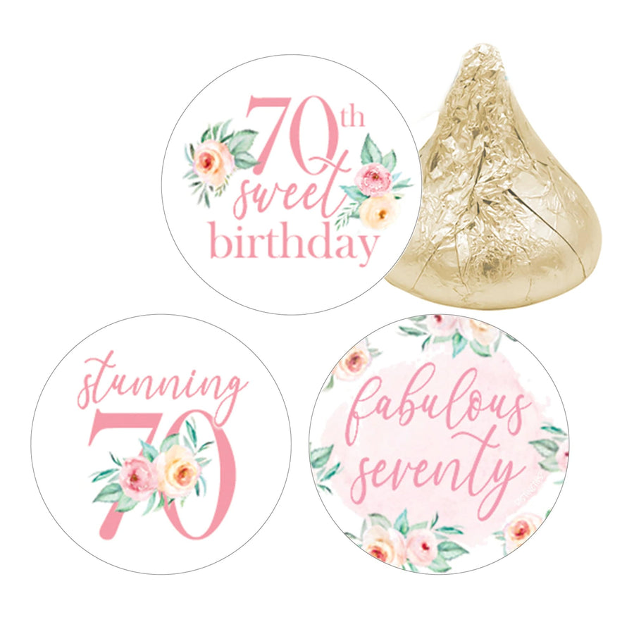 70th Birthday: Floral - Favor Stickers Fits on Hershey's Kisses - 180 Stickers - Distinctivs Party