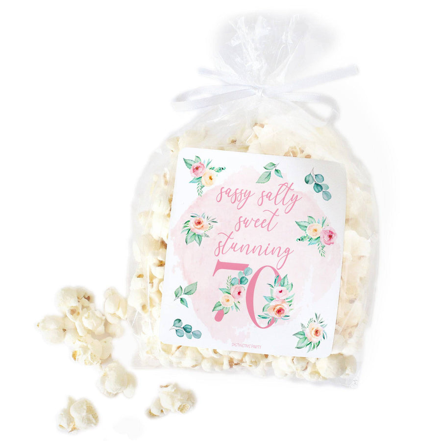 70th Birthday: Floral - Popcorn, Chip Bag, and Snack Bag Stickers - 32 Stickers - Distinctivs Party