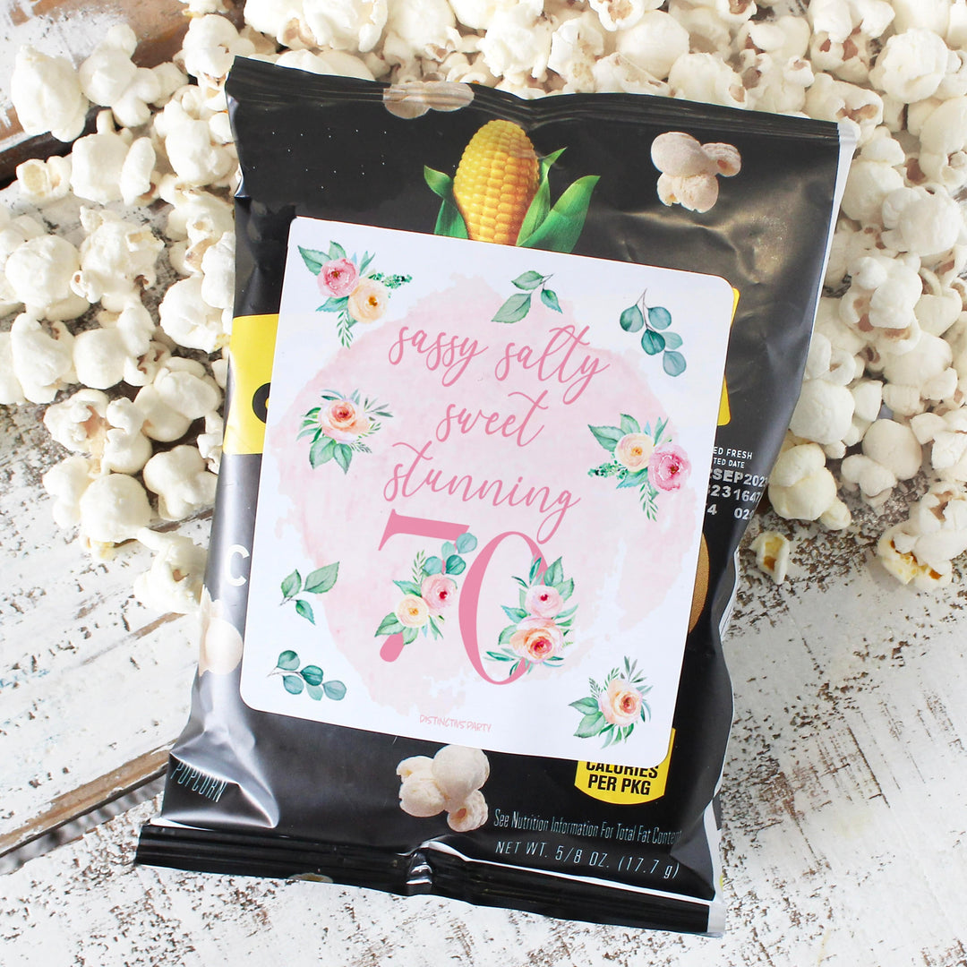 70th Birthday: Floral - Popcorn, Chip Bag, and Snack Bag Stickers - 32 Stickers