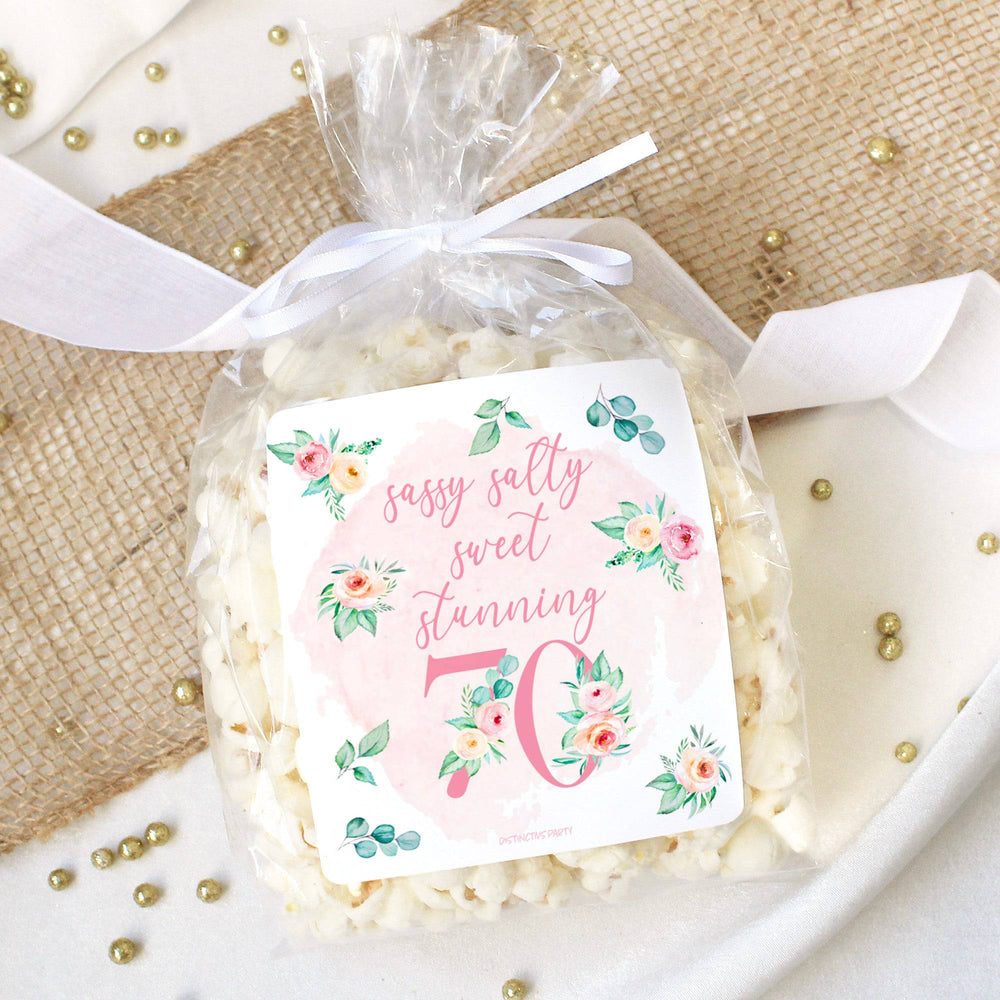 70th Birthday: Floral - Popcorn, Chip Bag, and Snack Bag Stickers - 32 Stickers - Distinctivs Party