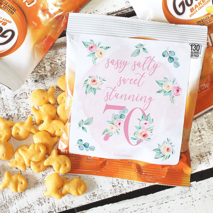 70th Birthday: Floral - Popcorn, Chip Bag, and Snack Bag Stickers - 32 Stickers