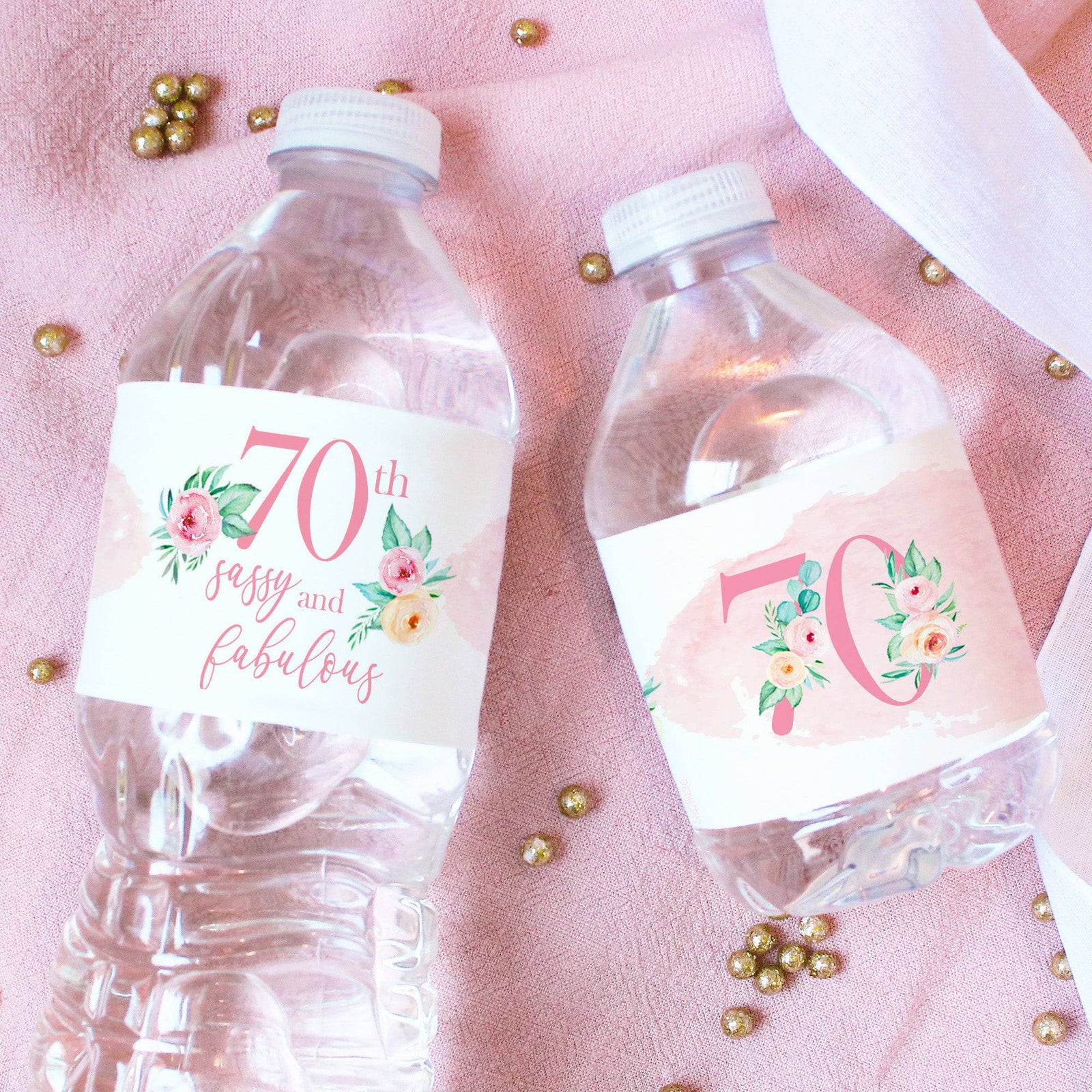 70th Birthday: Floral - Water Bottle Labels - 24 Waterproof Stickers - Distinctivs Party