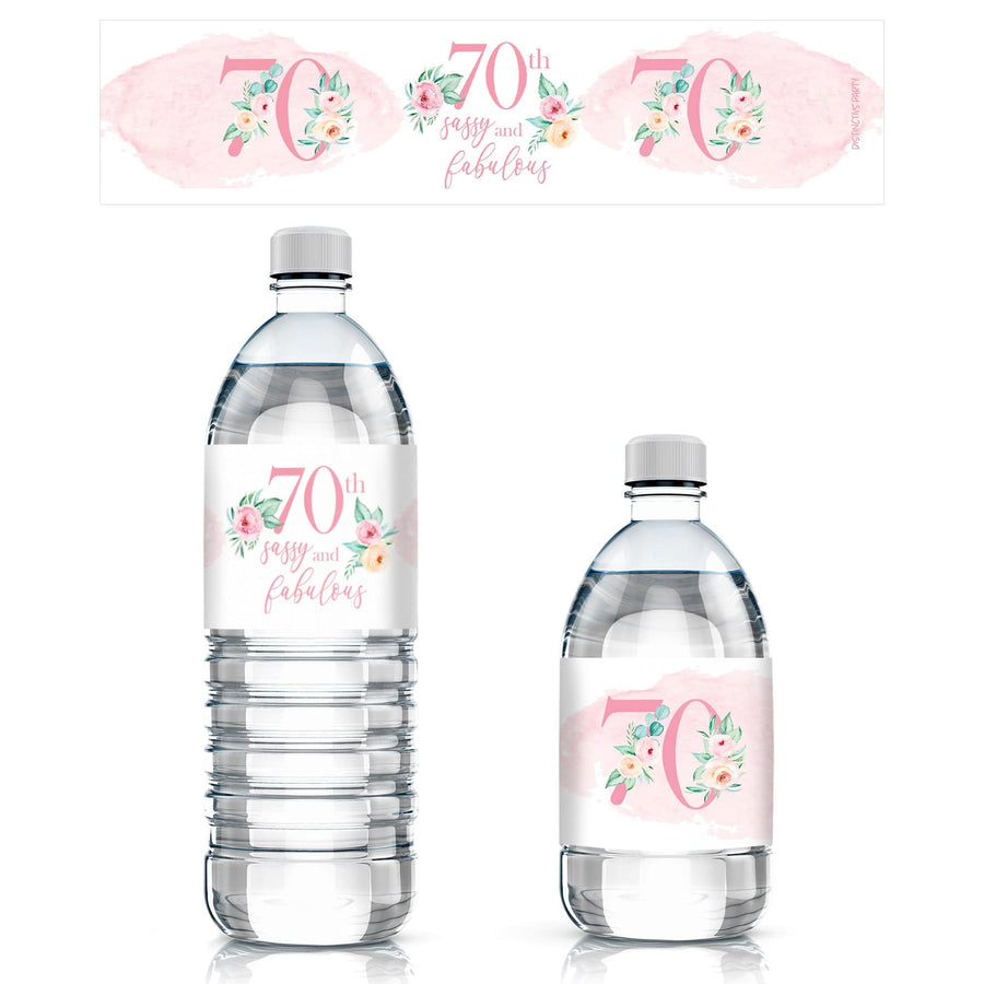 70th Birthday: Floral - Water Bottle Labels - 24 Waterproof Stickers - Distinctivs Party