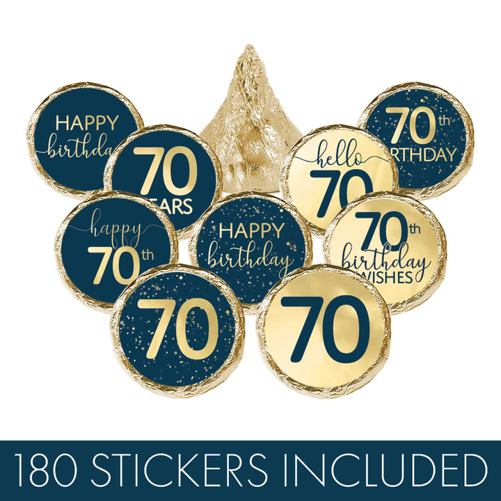 70th Birthday : Navy Blue & Gold -Stickers - Adult Birthday - Fits Hershey's Kisses Candy - Distinctivs Party