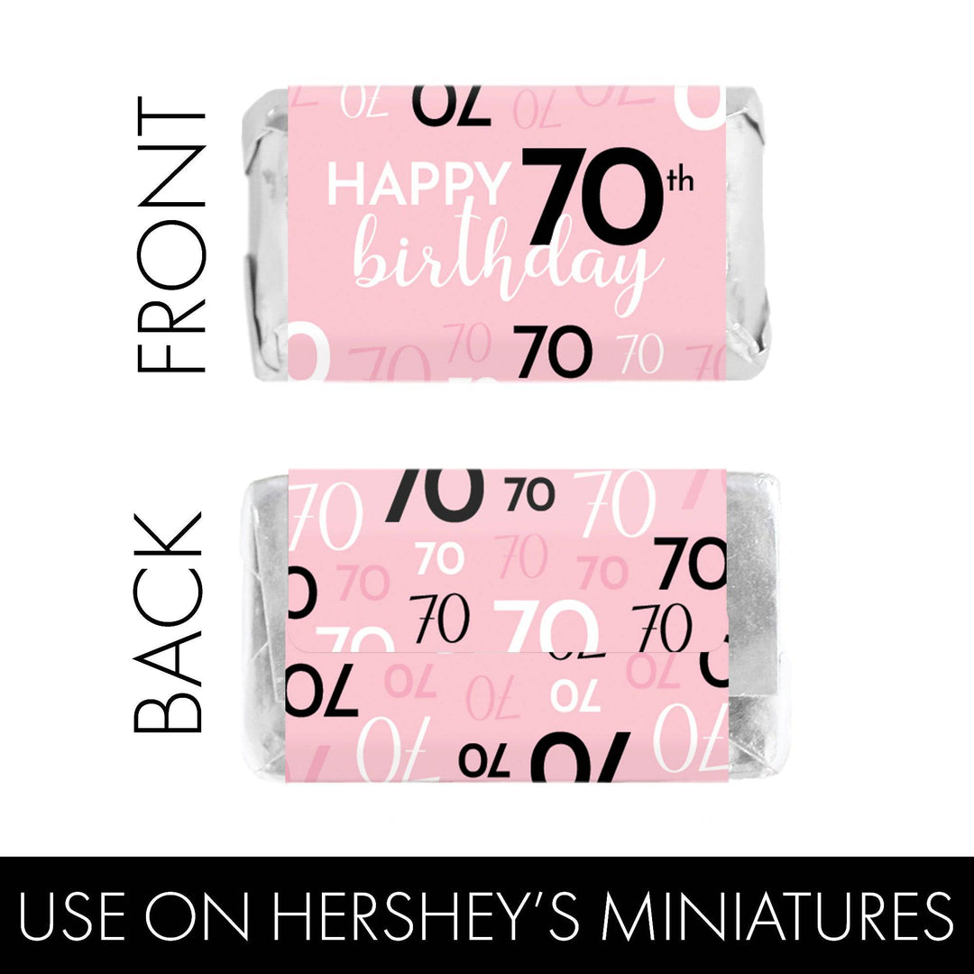 70th Birthday: Pink and Black - Adult Birthday -  Hershey's Miniatures Candy Bar Wrappers Stickers - 45 Stickers - Distinctivs Party