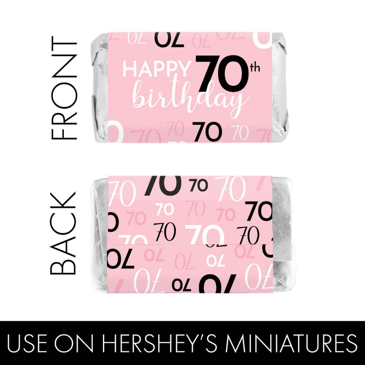 70th Birthday: Pink and Black - Adult Birthday -  Hershey's Miniatures Candy Bar Wrappers Stickers - 45 Stickers - Distinctivs Party