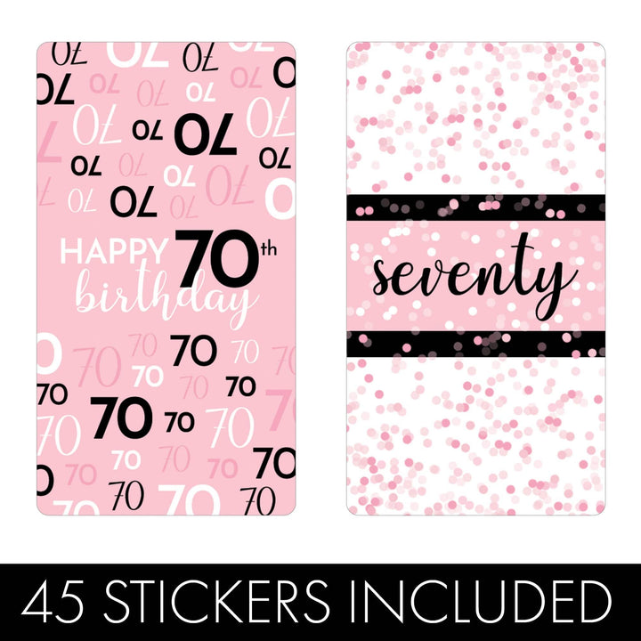 70th Birthday: Pink and Black - Adult Birthday -  Hershey's Miniatures Candy Bar Wrappers Stickers - 45 Stickers - Distinctivs Party