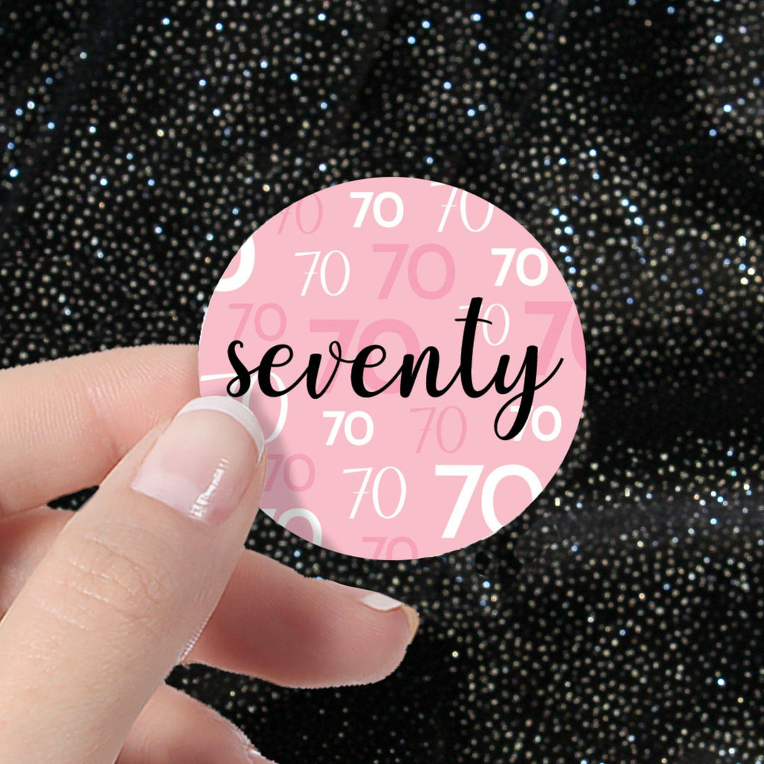 70th Birthday: Pink and Black - Adult Birthday -  Round Favor Stickers - 40 Stickers - Distinctivs Party