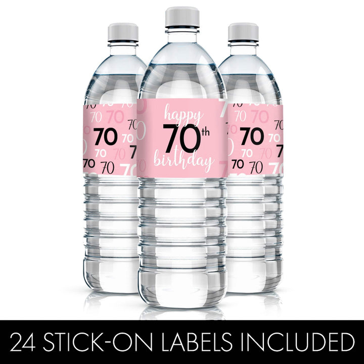 70th Birthday: Pink and Black - Adult Birthday - Water Bottle Label Stickers - 24 Waterproof Stickers - Distinctivs Party